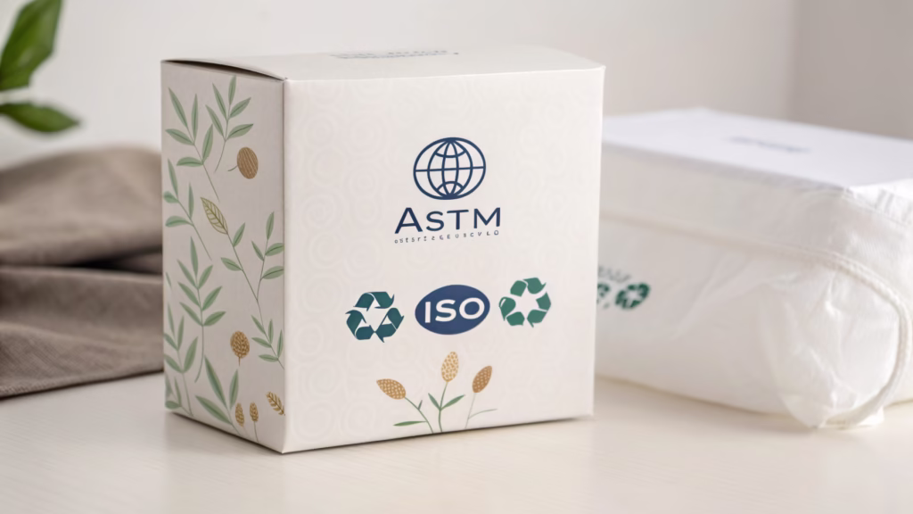 Logos of ASTM and ISO certifications on a product package