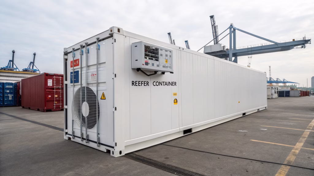 A refrigerated shipping container (reefer) with a temperature gauge