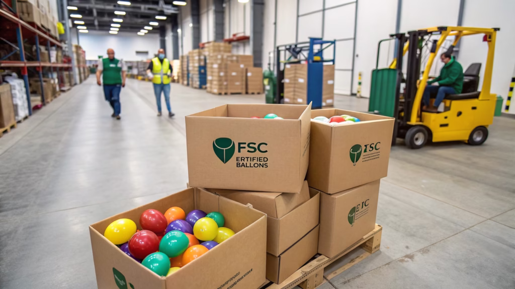 Wholesale boxes of FSC certified balloons in a warehouse