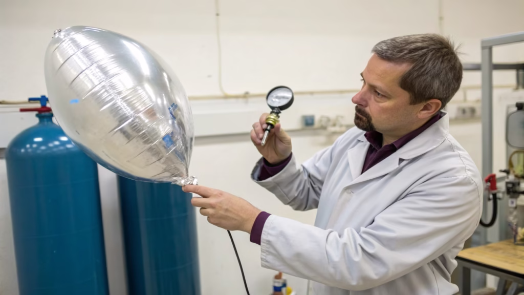 A person checking the quality of foil balloons