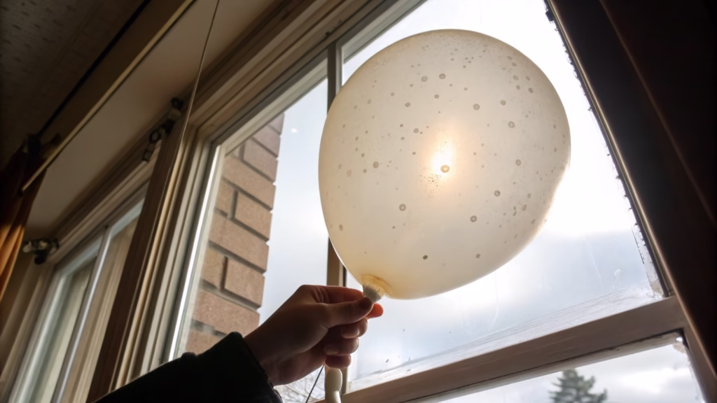 A person holding an inflated balloon up to a light to check for pinholes