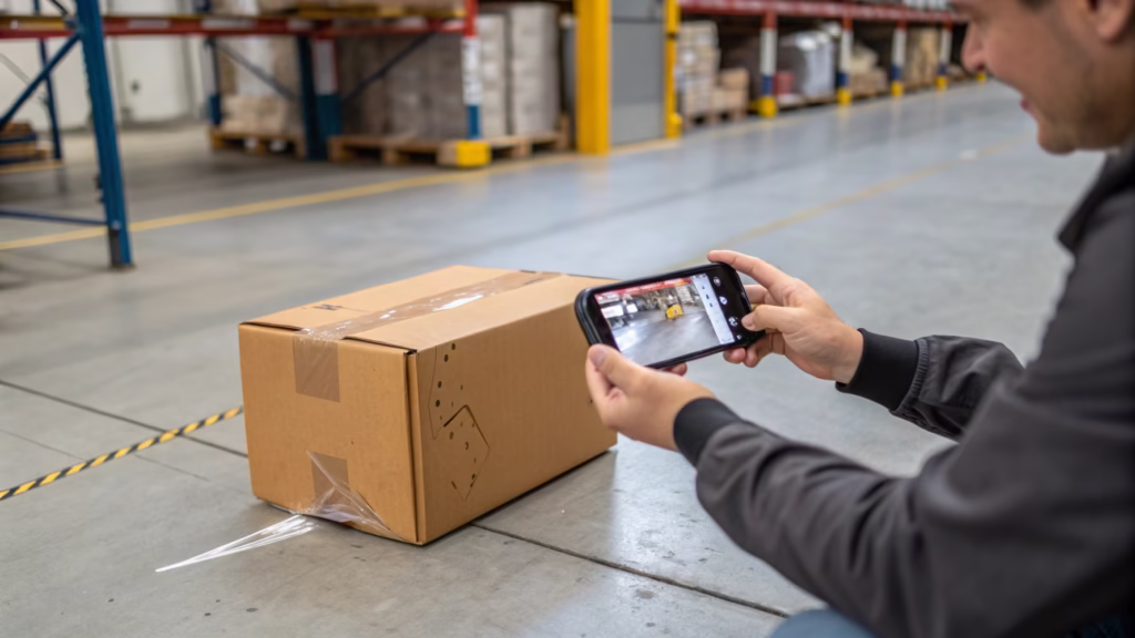 A person taking a photo of a damaged shipping box with a smartphone