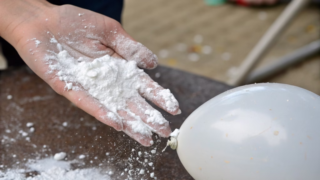 A person's hand covered in white powder from a balloon