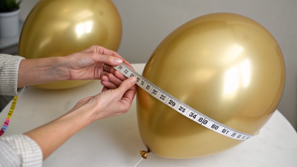 A person measuring an inflated balloon with a tape measure
