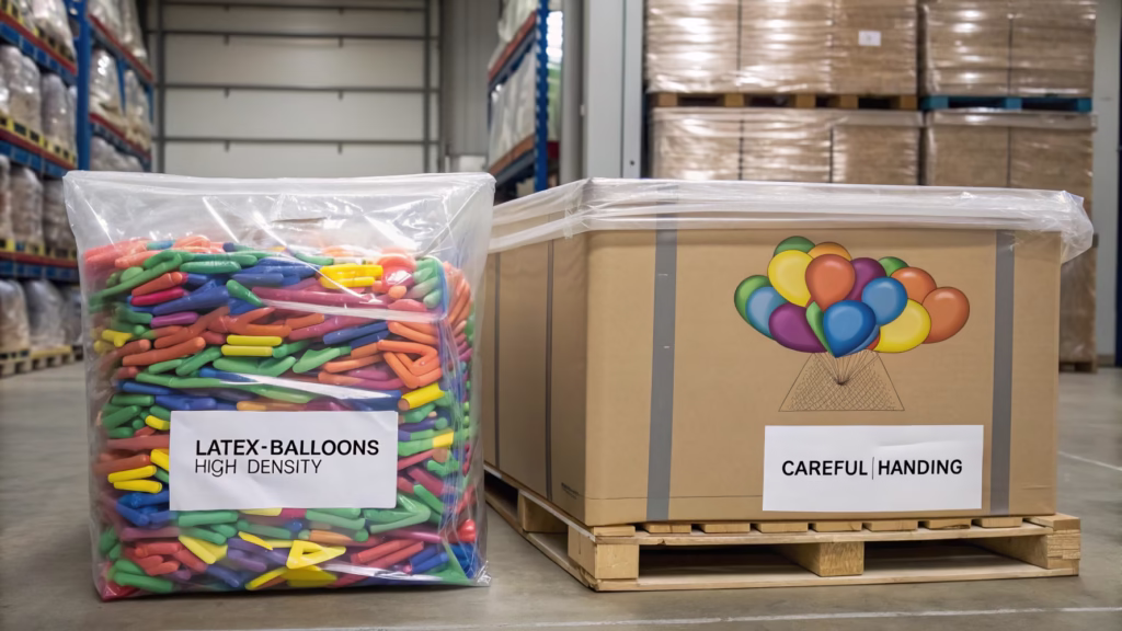 A picture showing the compact packaging of latex balloons next to the slightly larger, flat-packed mylar balloons