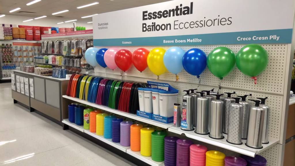 A display of balloon ribbons, weights, and pumps next to the main balloon section