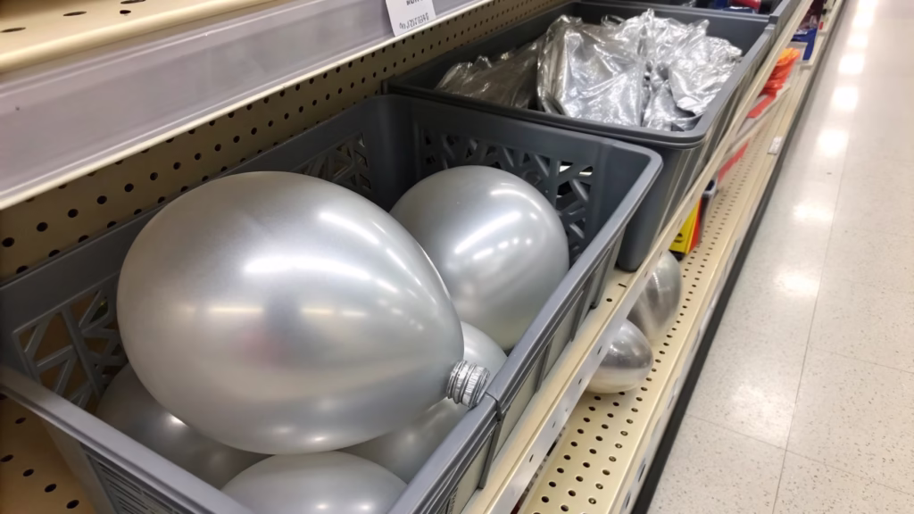 An inflated balloon displayed above a bin of the same uninflated balloon packs