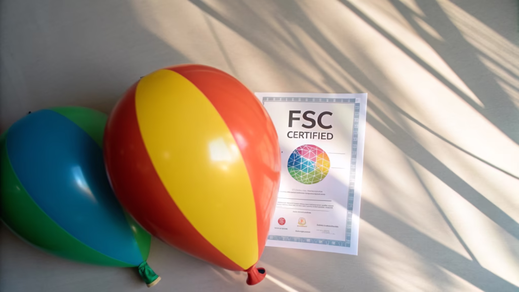 An FSC certified balloon next to an FSC logo certificate