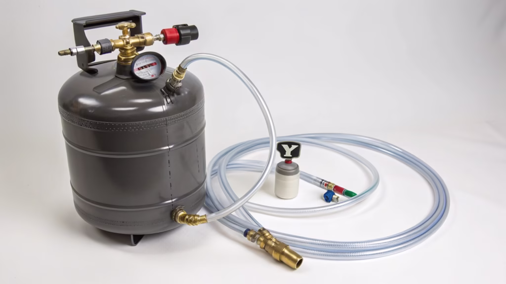 A single helium tank fitted with a dual-nozzle inflator for both latex and mylar balloons