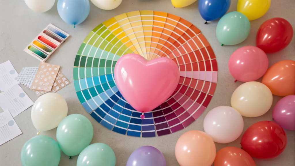 A color wheel with Pantone swatches next to various colored balloons