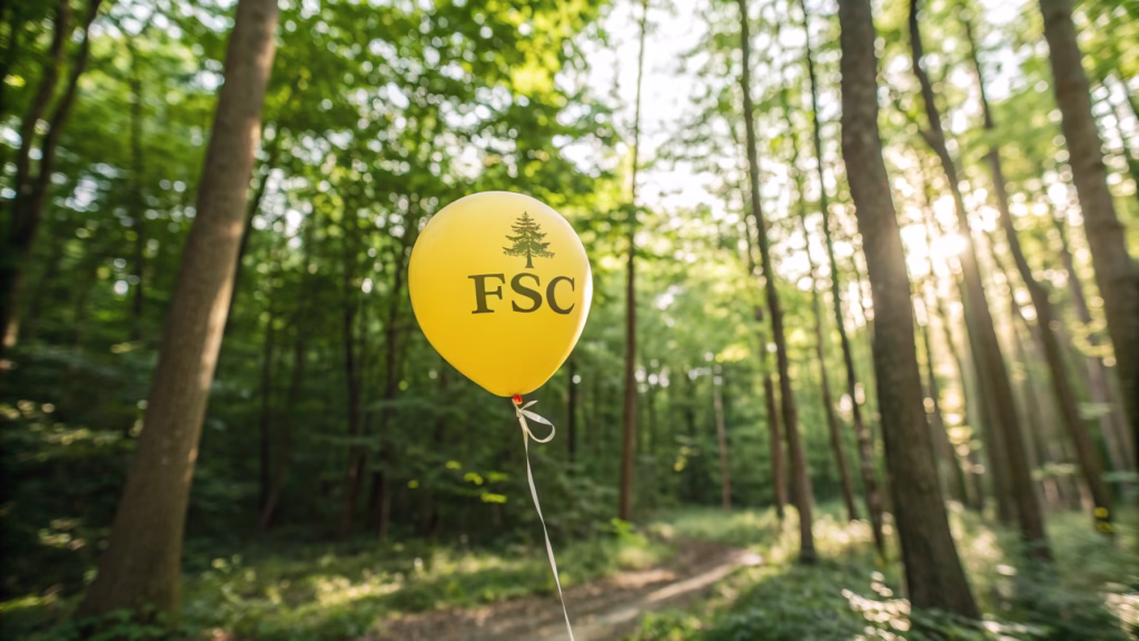 FSC certified latex balloon in a forest setting