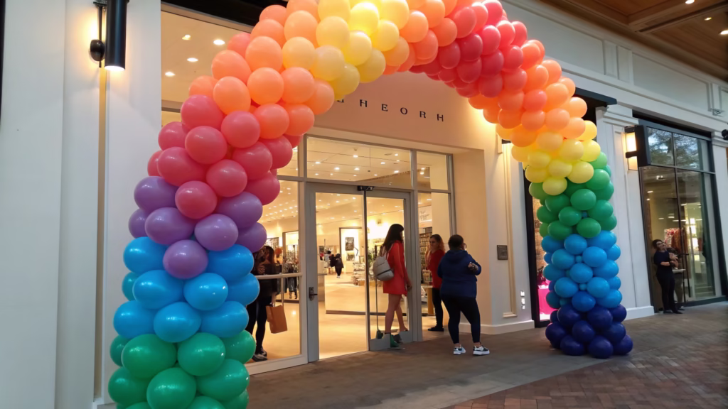 A vibrant balloon display wall in a retail store