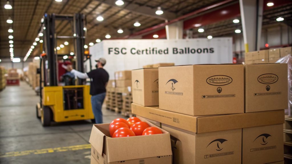 Pallets of boxed balloons ready for shipping from a warehouse