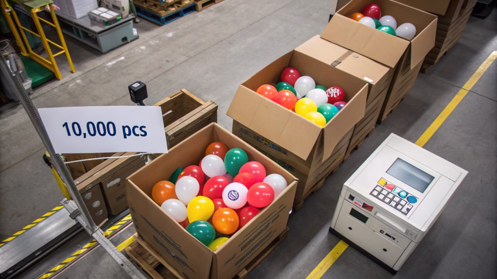 Stacks of custom printed balloon packages showing MOQ concept