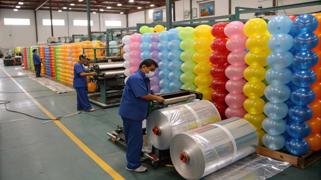 An assembly line in a balloon manufacturing factory