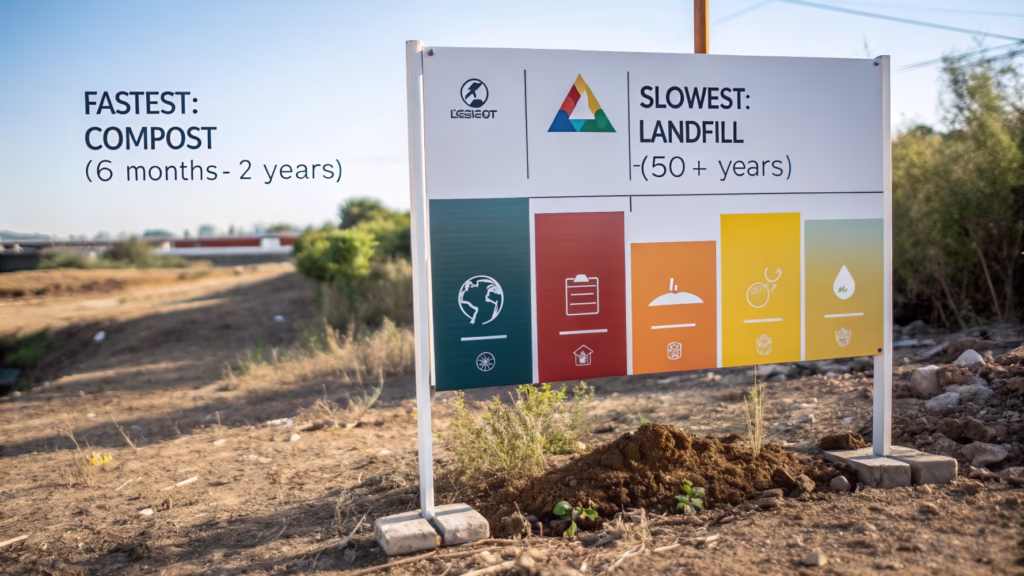A diagram showing balloon [decomposition timeline](https://aihuaballoon.com/latex-vs-mylar-balloons-what-are-the-environmental-considerations-for-disposal/)[^13]s in different environments like soil, water, and landfill