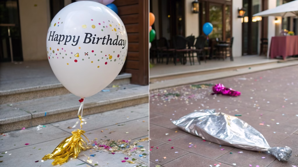 A mylar balloon still floating days after a party, next to a deflated latex balloon