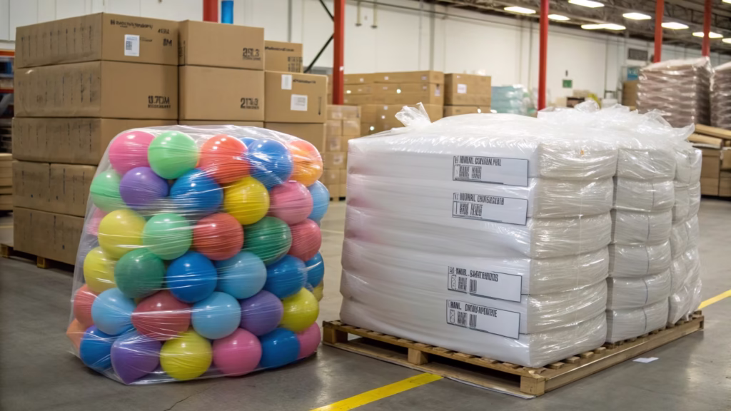 A side-by-side comparison of bulk-packaged latex and Mylar balloons in a warehouse