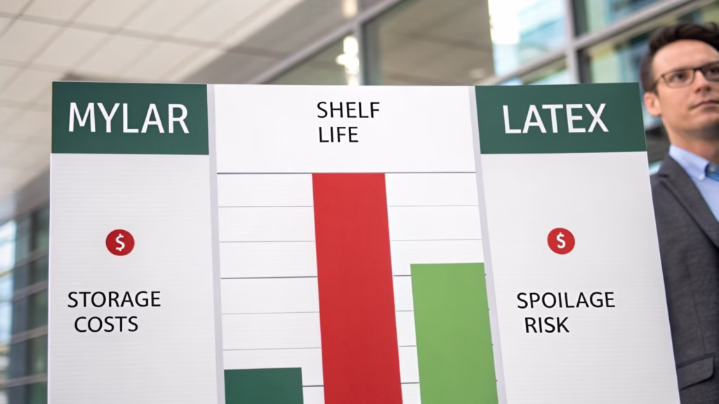 Chart showing profitability comparison between Mylar and latex balloons considering spoilage