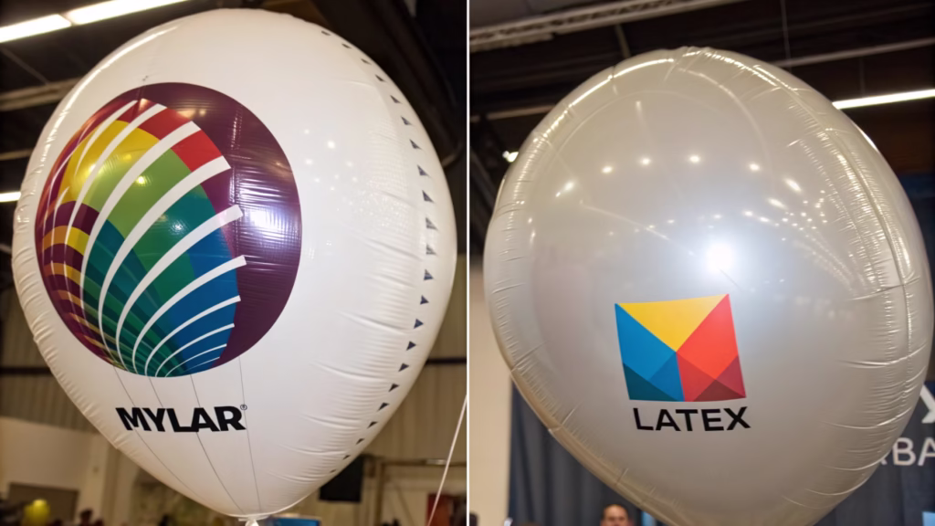 Close-up shot of a custom printed mylar balloon next to a screen-printed latex balloon