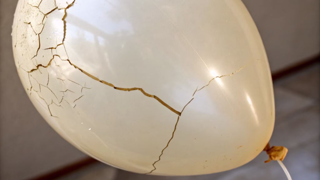Close-up of a brittle, degraded latex balloon