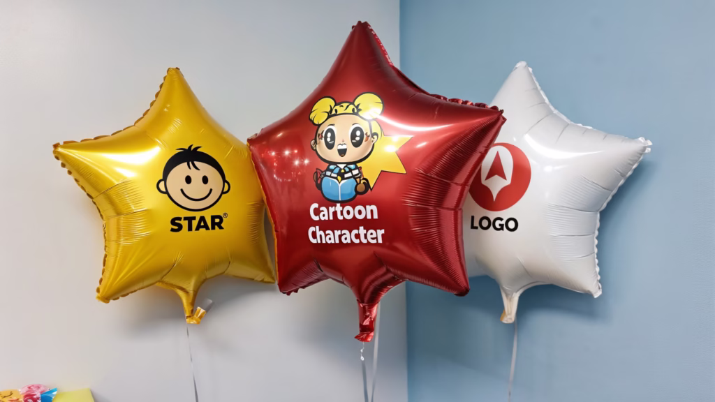 A collage showcasing custom-shaped and printed mylar balloons alongside simpler logo-printed latex balloons