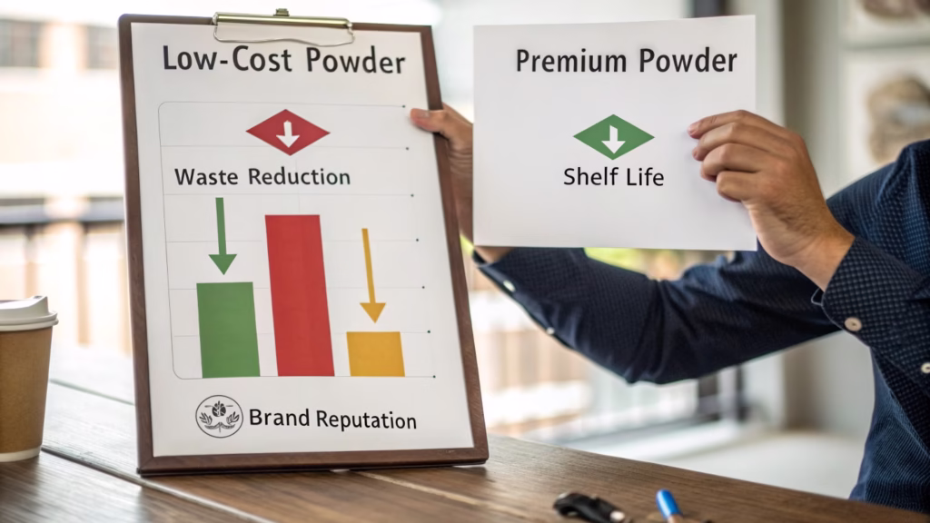 A chart or graphic illustrating the ROI of premium powder: small cost increase vs. large savings in waste and brand protection.