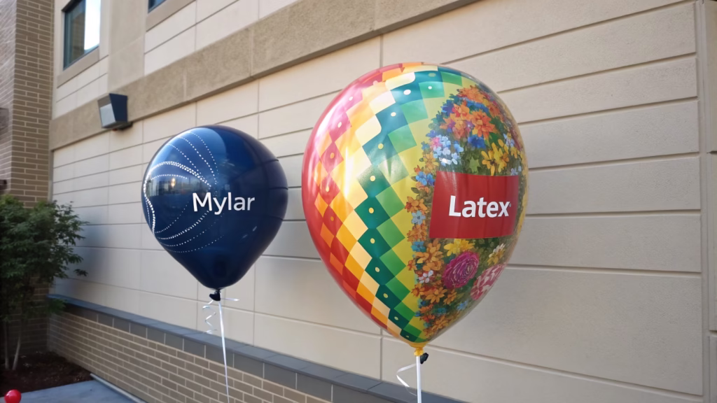 A close-up of a high-detail custom printed Mylar balloon next to a simpler screen-printed latex balloon
