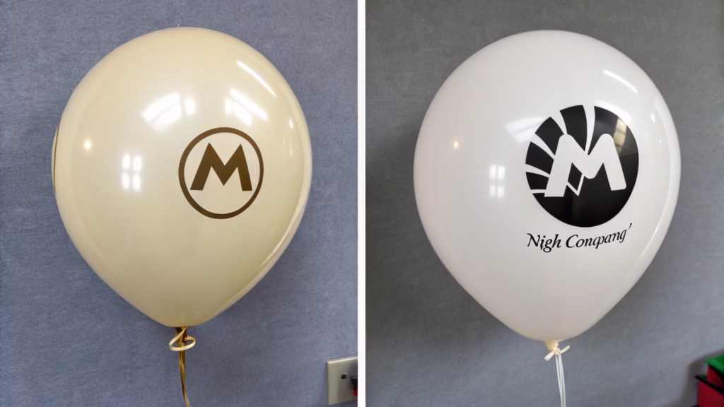 A side-by-side comparison of a detailed logo printed on a mylar balloon and a latex balloon