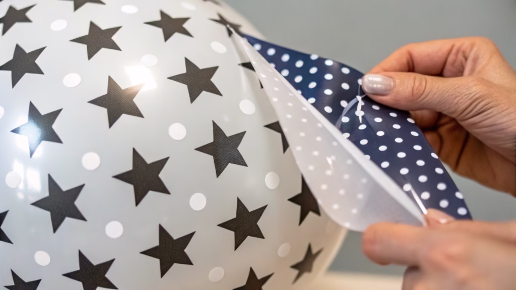 A macro shot showing the texture and flexibility of a high-quality vinyl balloon sticker.