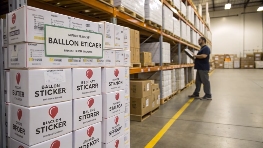 A warehouse photo showing neatly stacked, compact boxes of balloon stickers, demonstrating efficient storage.
