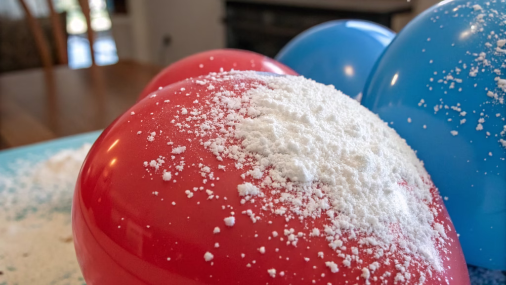 A close-up shot of a high-quality latex balloon showing a fine, even powder coating.