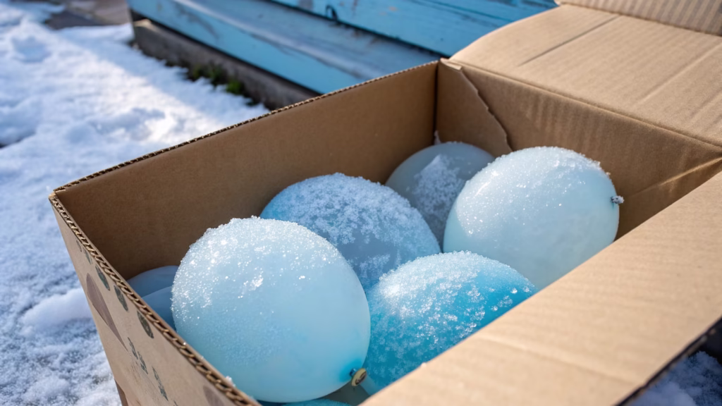 A box of balloons in a cold, icy environment, with frost on the packaging
