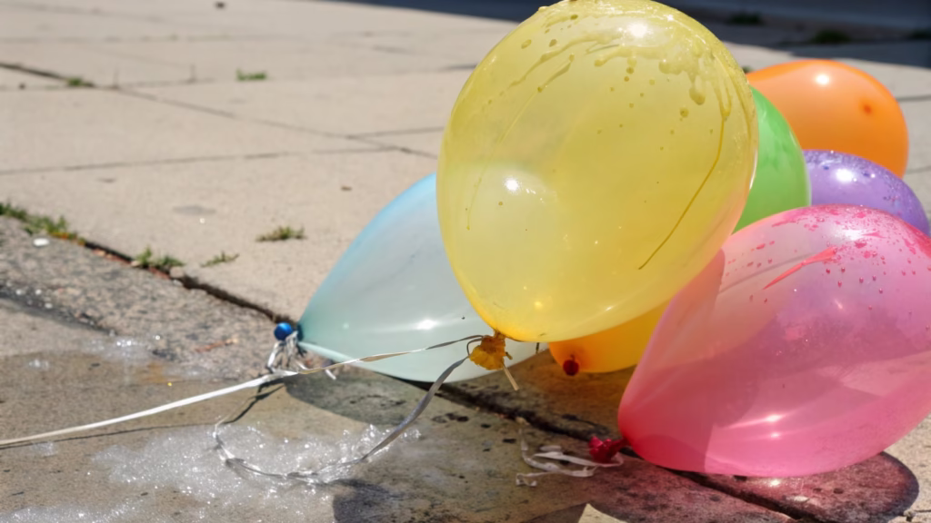 Close-up shot of several latex balloons stuck together from heat damage