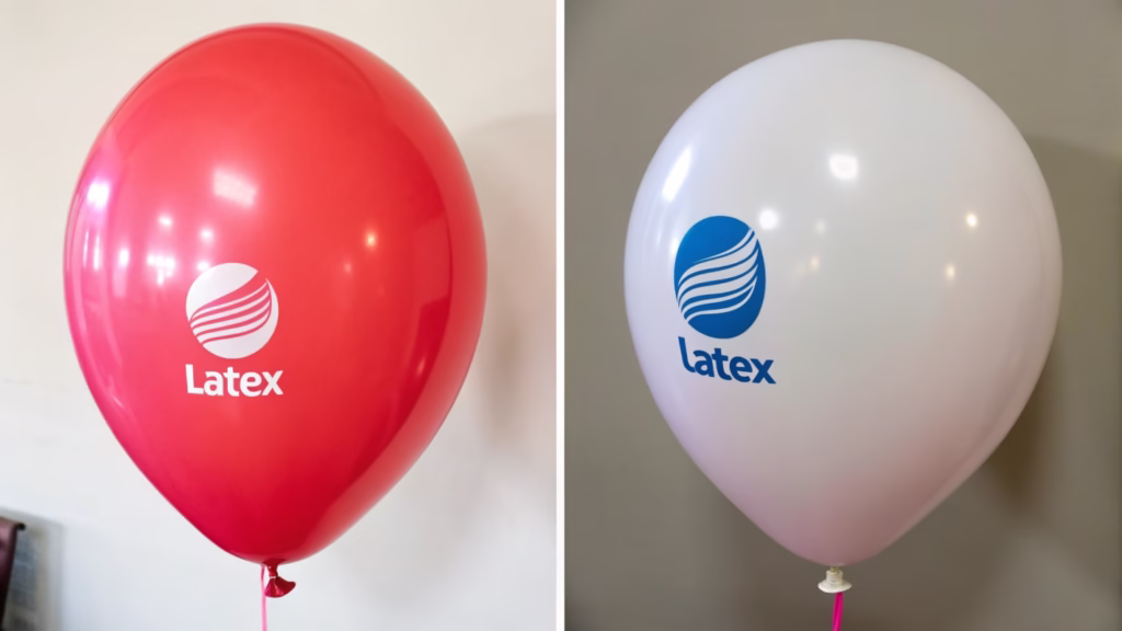 A collage showing a high-quality unprinted latex balloon next to a perfectly printed one of the same color.