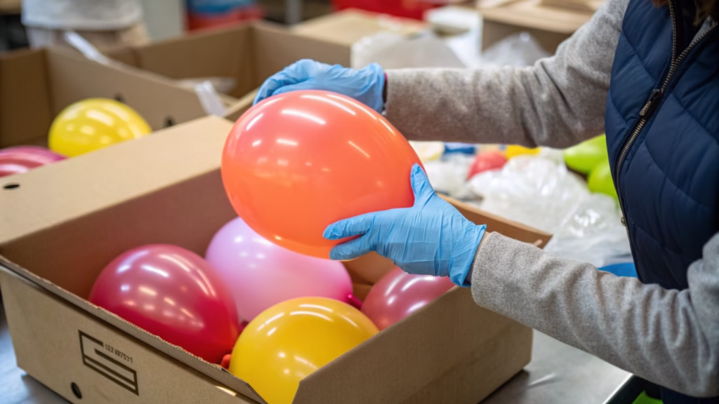 A quality control inspector carefully examining latex balloons from a box