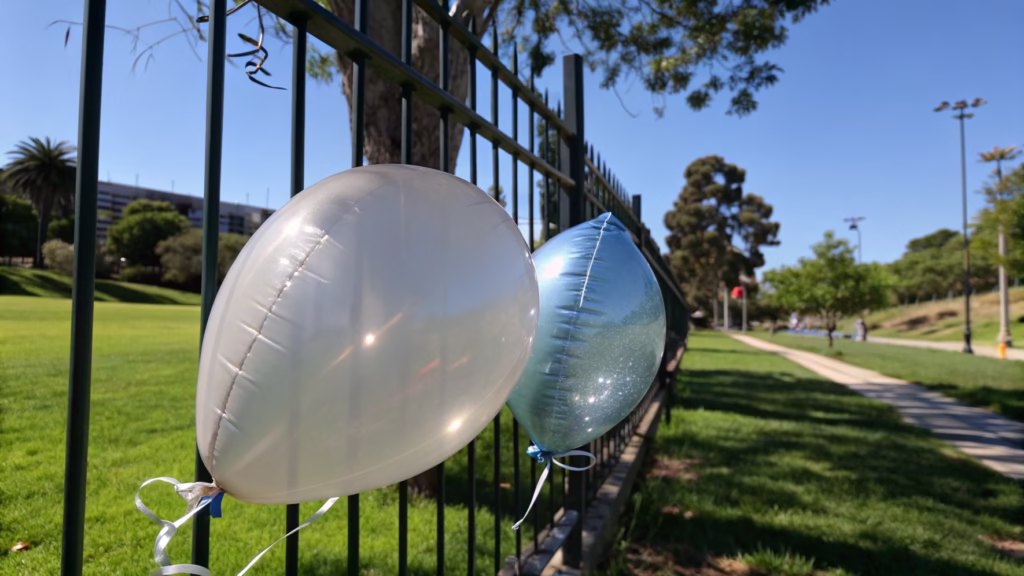 Latex and Mylar balloons side-by-side in a sunny park
