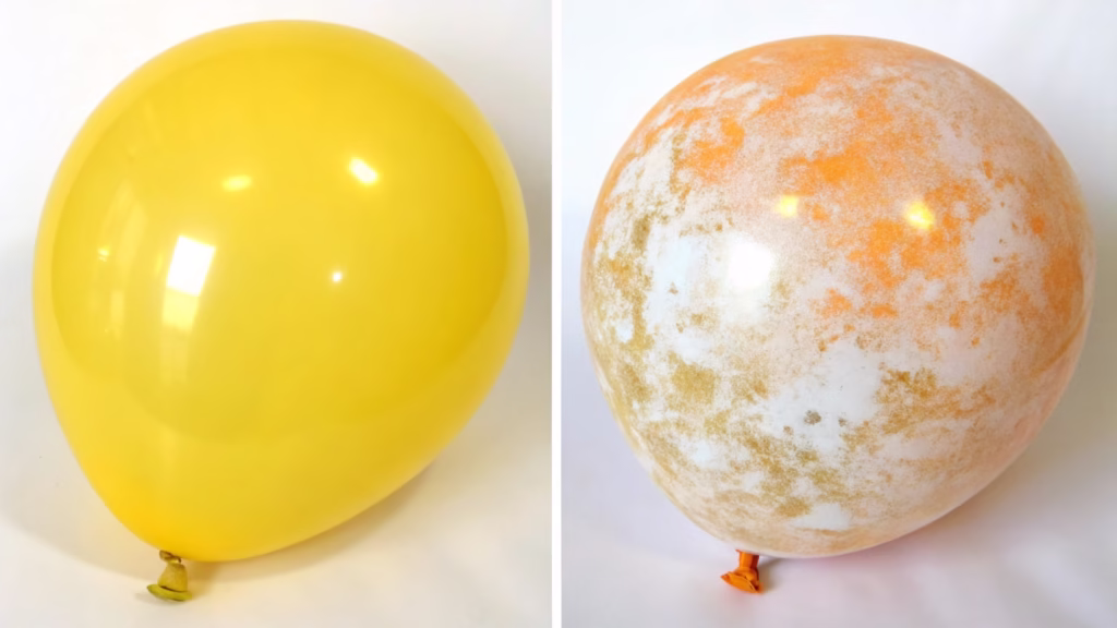 A side-by-side comparison of a balloon with a fine powder coat (vibrant color) and one with a heavy, dusty coat (dull color).
