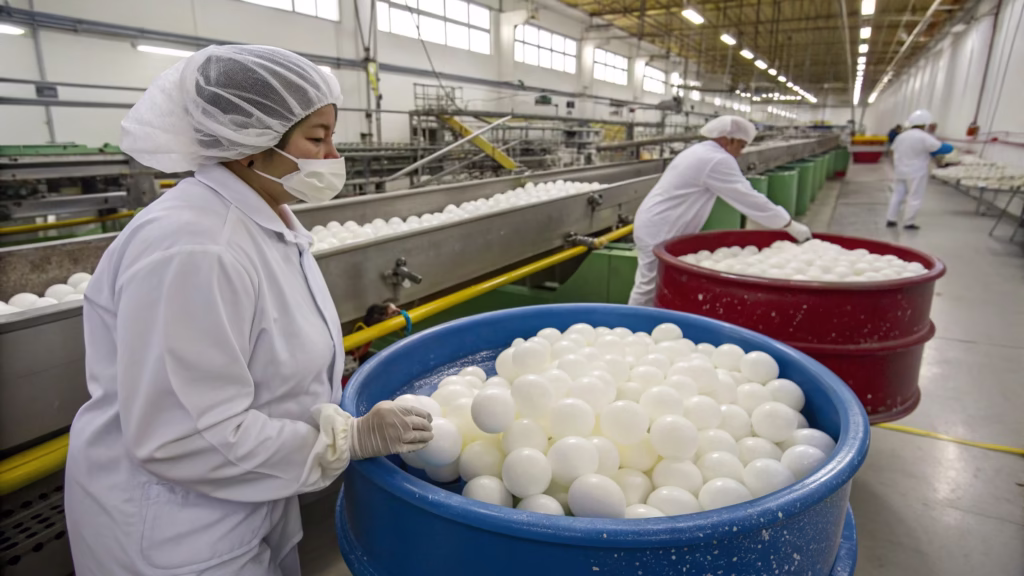 An image from inside a balloon factory showing balloons being lightly dusted with powder.