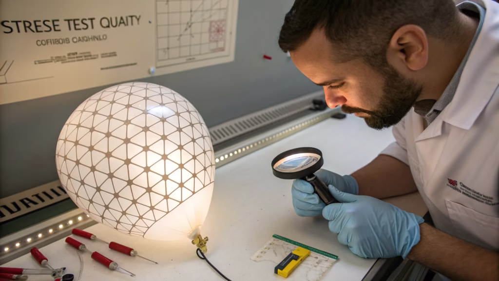A lab technician inspecting a printed balloon under a magnifying glass for ink quality and adhesion.