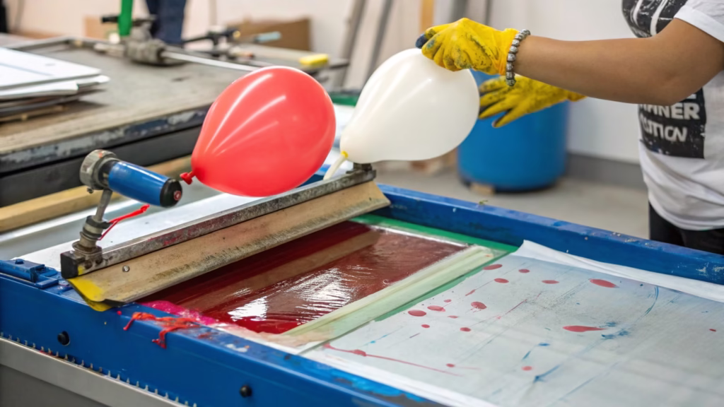 A close-up shot of a screen printing machine applying a logo onto a balloon, highlighting the precision of the process.
