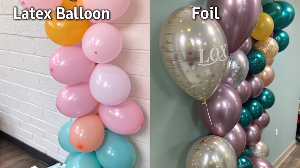 Side-by-side comparison of a latex balloon garland and a printed foil balloon