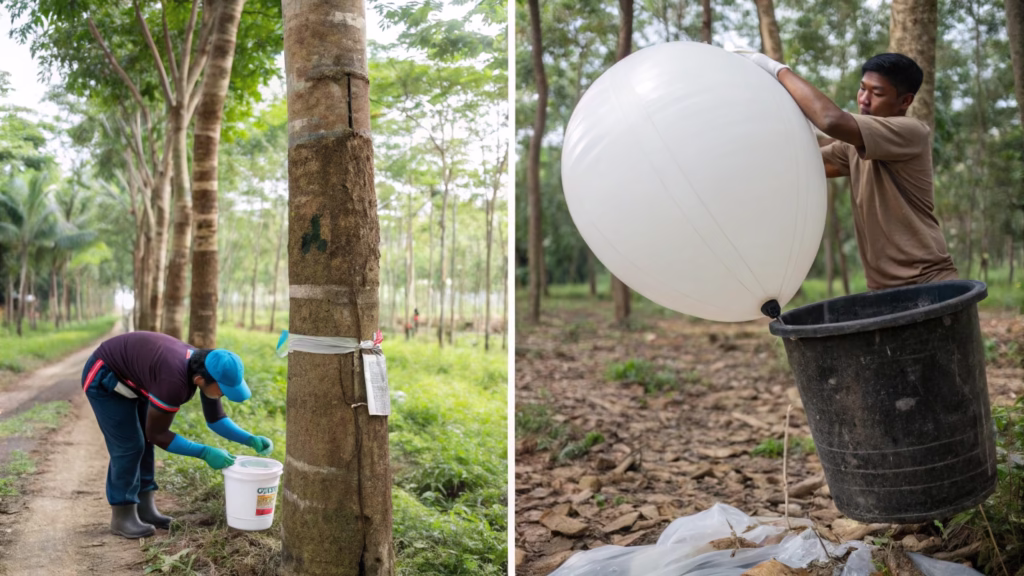 An image showing a rubber tree being tapped for latex next to a person carefully deflating a Mylar balloon for reuse