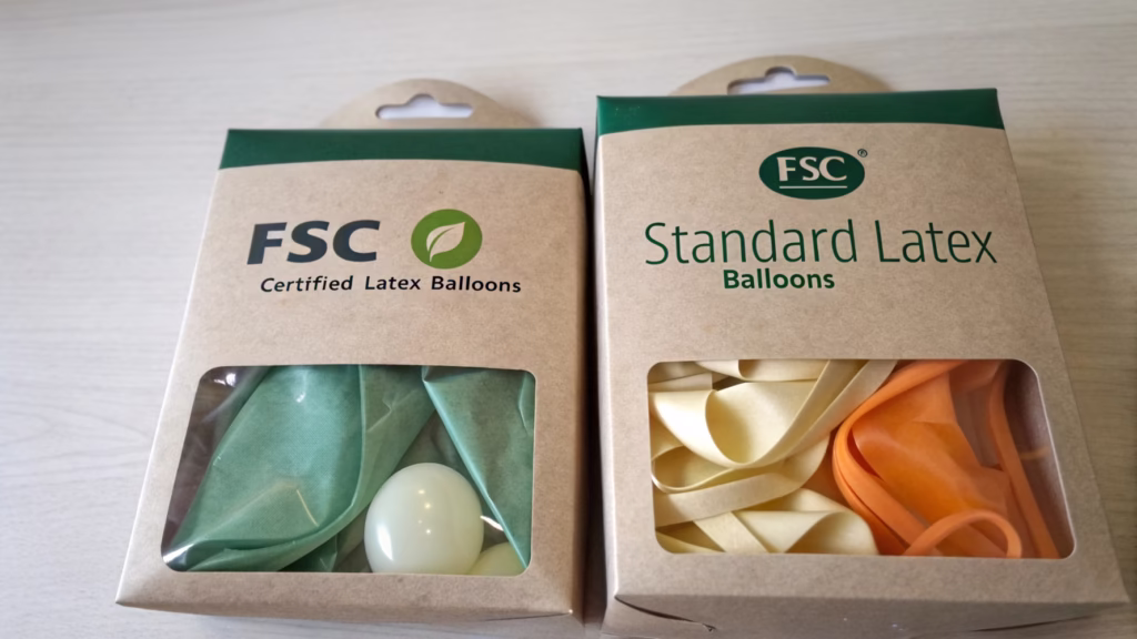 Side-by-side comparison of FSC and standard balloon packaging
