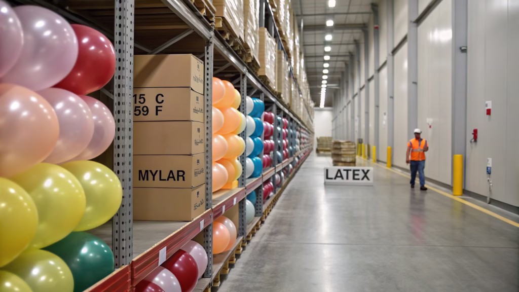 Warehouse aisle showing proper balloon storage conditions with temperature controls