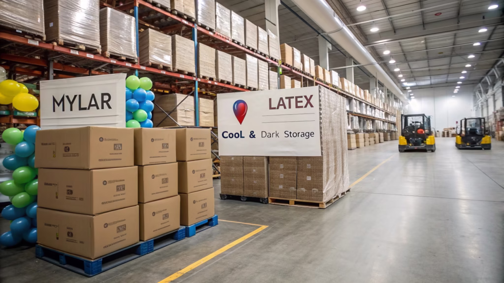 Warehouse storage for boxes of latex and Mylar balloons