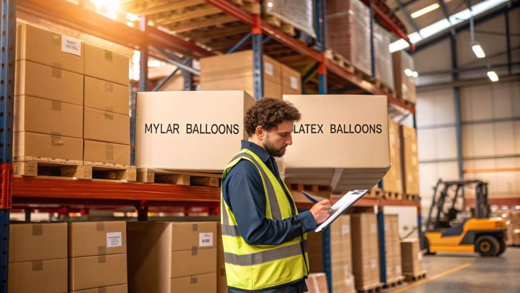 A warehouse worker inspecting boxes of balloons with a clipboard