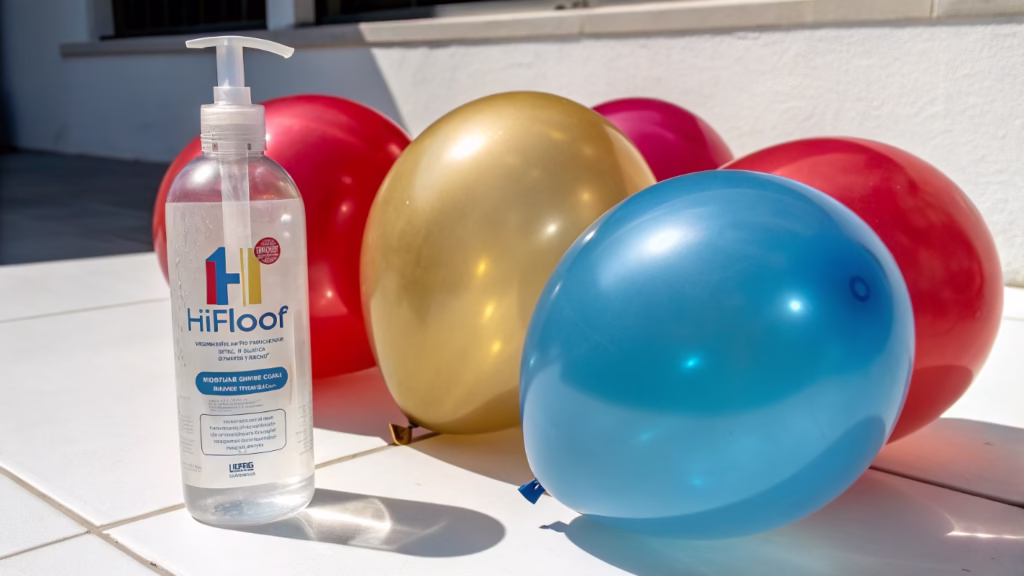 A bottle of Hi-Float next to a variety of colorful latex balloons