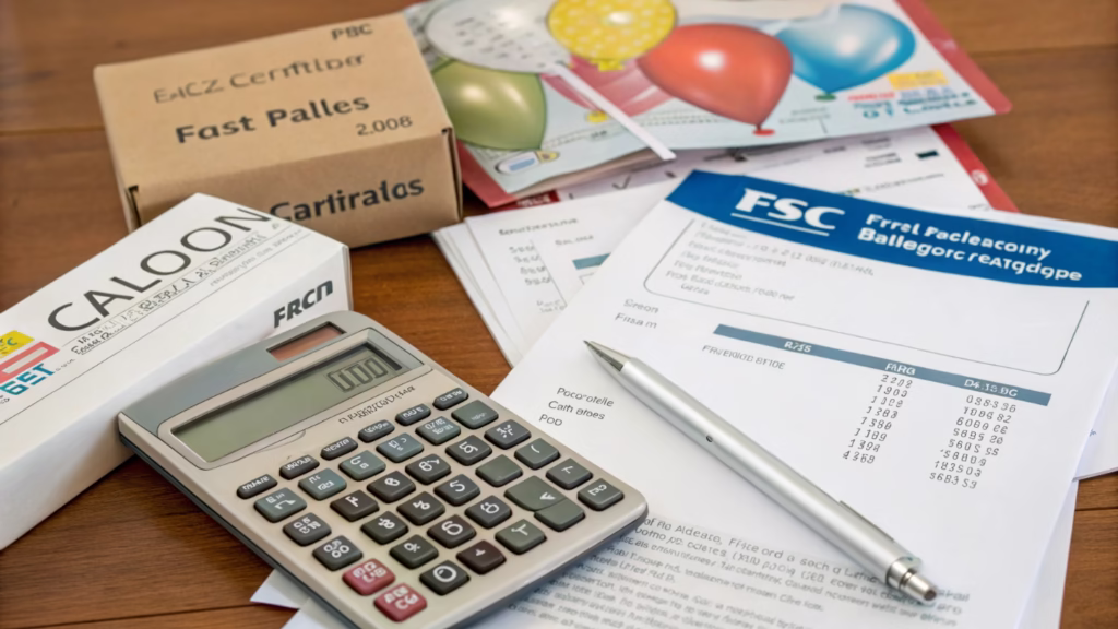 A calculator and a pen on top of different balloon packaging samples