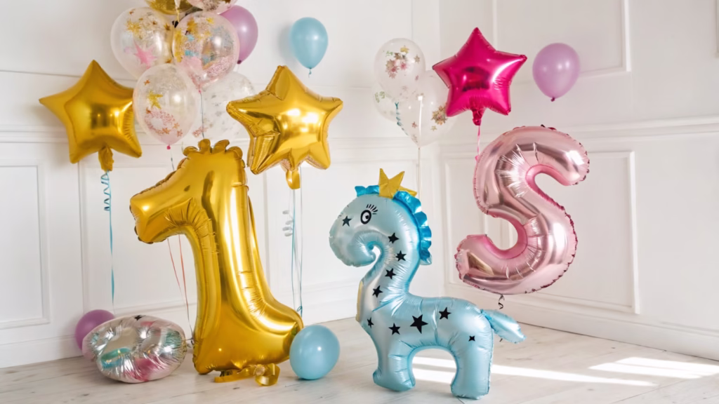 A collection of colorful foil balloons shaped like animals and numbers